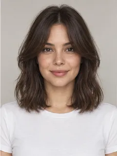 Curtain bangs hairstyle on a fictional model