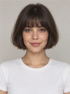 French bob + fringe hairstyle on a fictional model