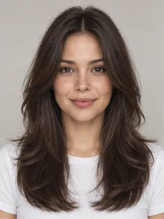 Long soft layers hairstyle on a fictional model
