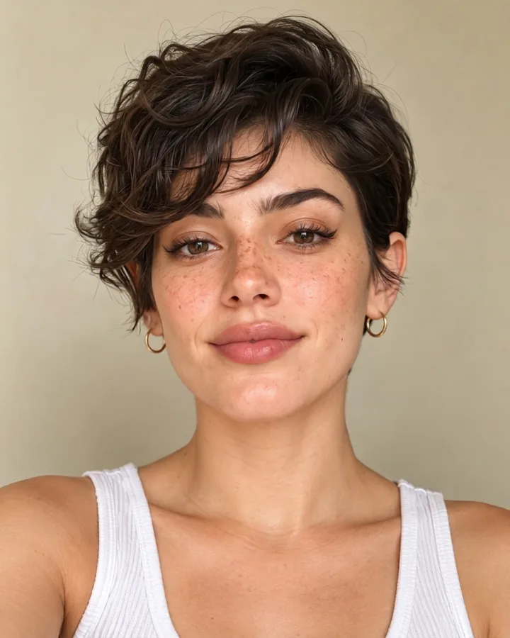 The same fictional sample person before and after an AI pixie cut try-on